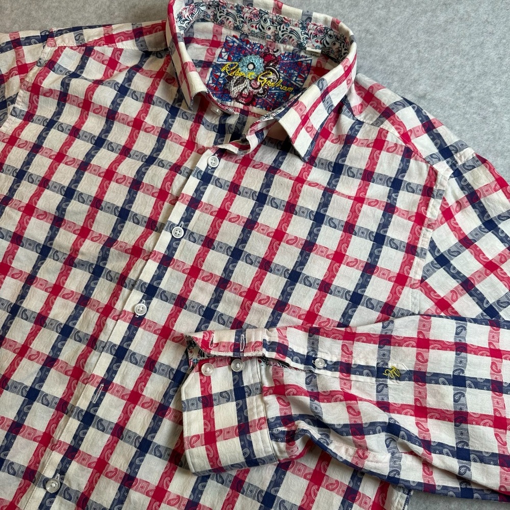 Robert Graham Men’s XL Classic Fit Red Blue Plaid Paisley Embroidered Shirt